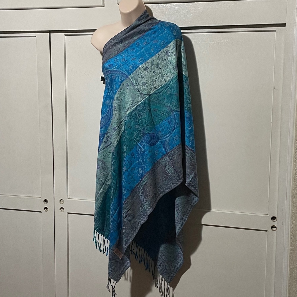 Jerusalem 100% Cashmere Blue Paisley Striped Pashmina Shawl Wrap Fringe 27x68